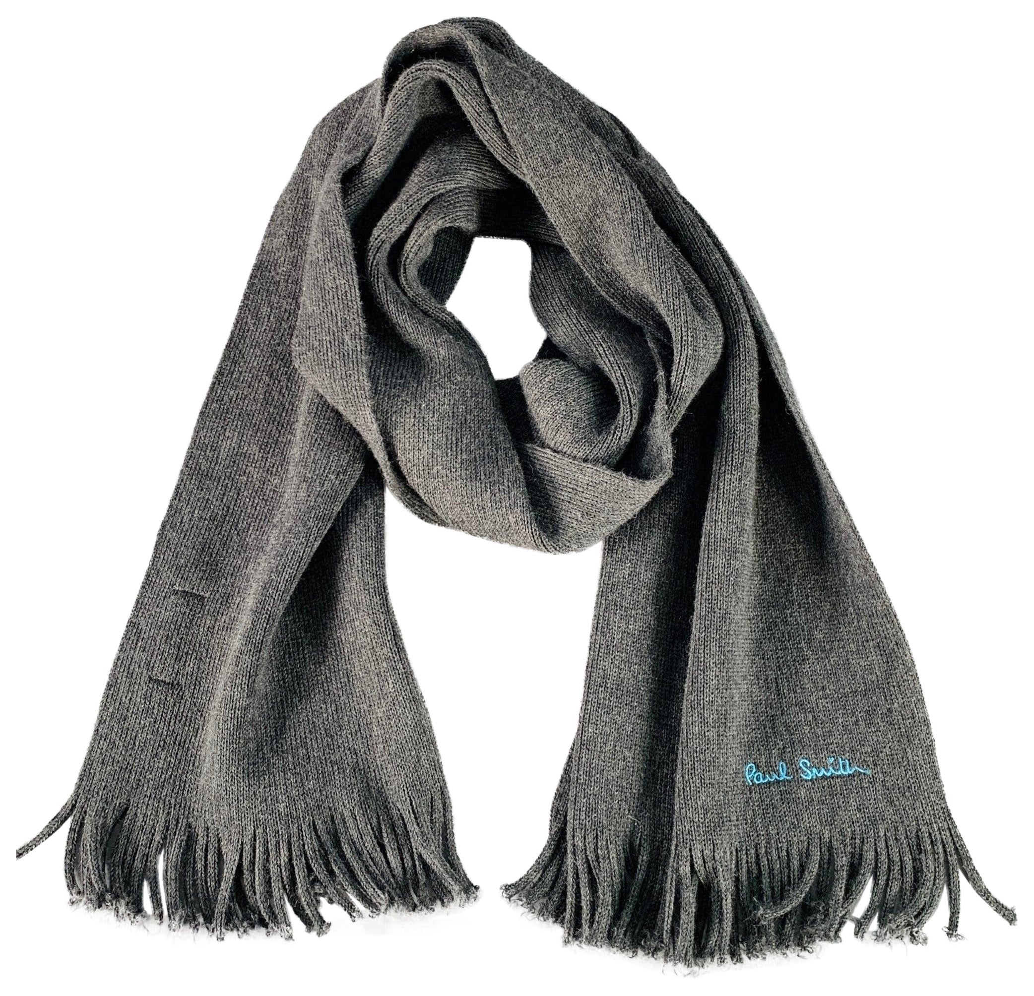 Sciarpa con frange in maglia di lana ricamata grigio-blu di Paul Smith in vendita