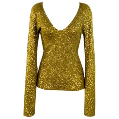 DONNA KARAN Size S Gold Olive Cashmere Silk Sequined V-Neck Long Sleeve Pullover
