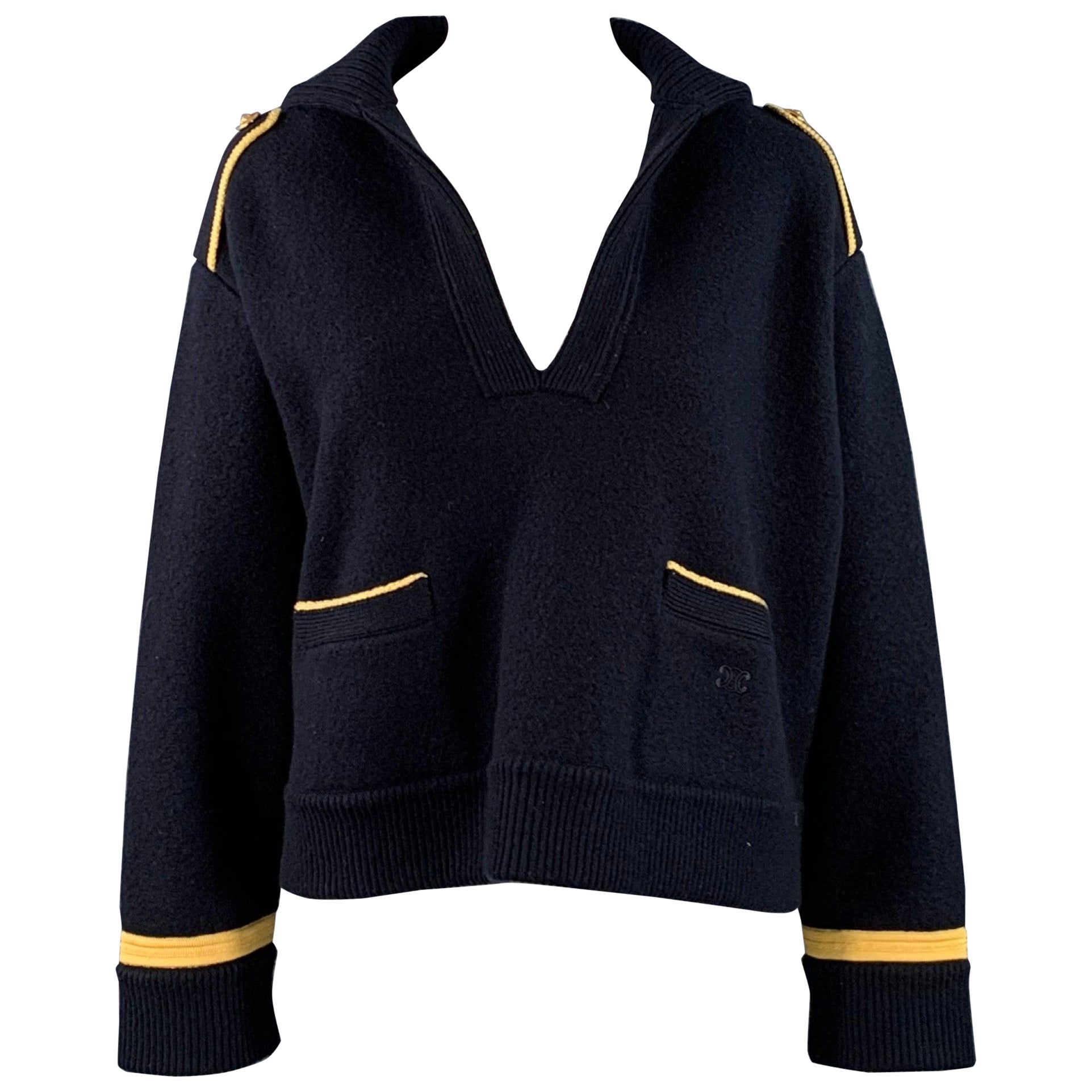 CELINE Size S Navy Gold Wool Contrast Trim Military Sweater For Sale