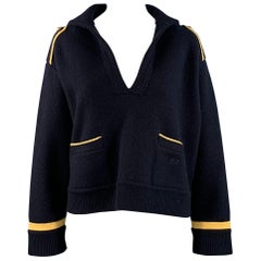 CELINE Size S Navy Gold Wool Contrast Trim Military Sweater