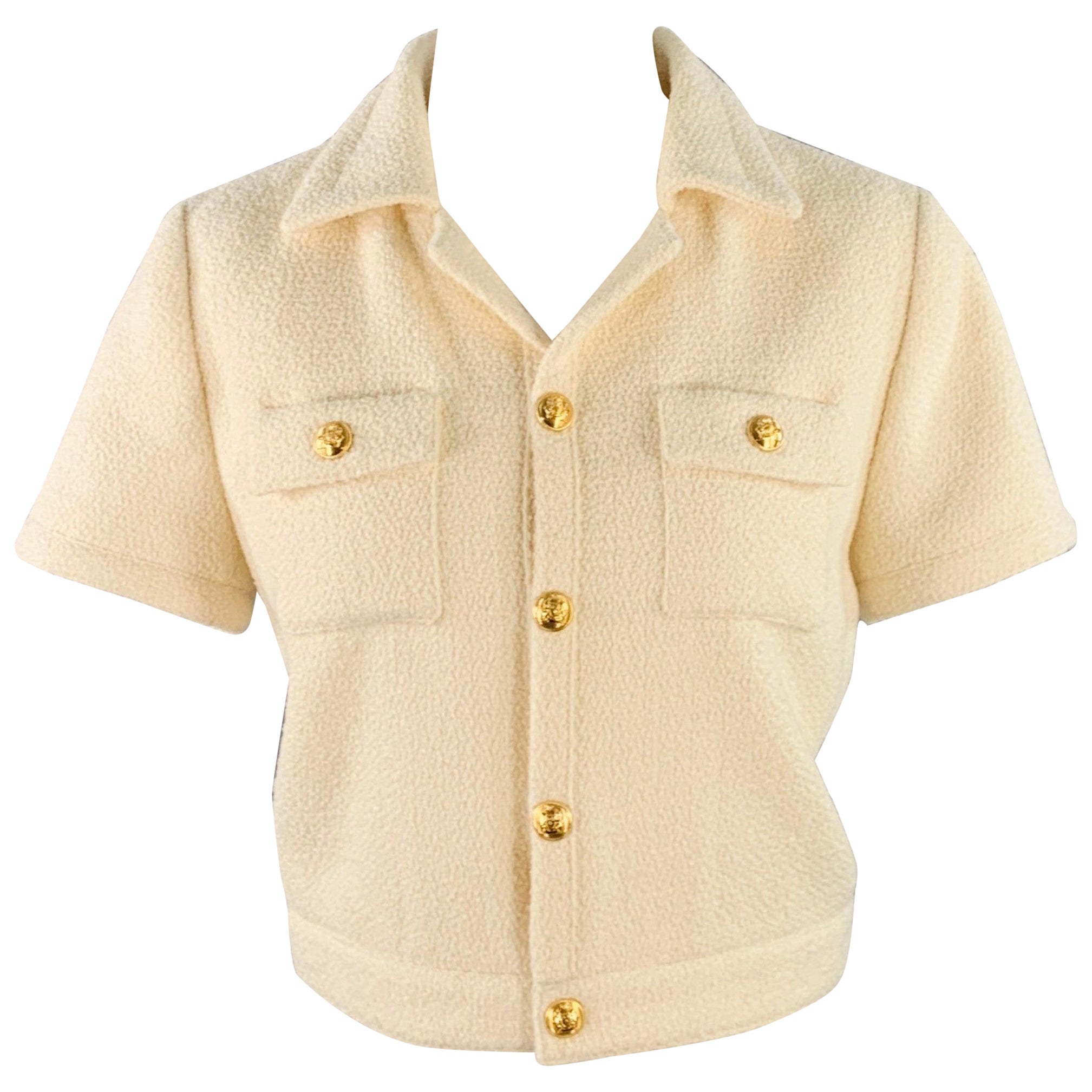 CELINE Size 8 Cream Gold Wool Blend Short Sleeve Jacket Blazer For Sale
