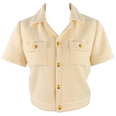 CELINE Size 8 Cream Gold Wool Blend Short Sleeve Jacket Blazer