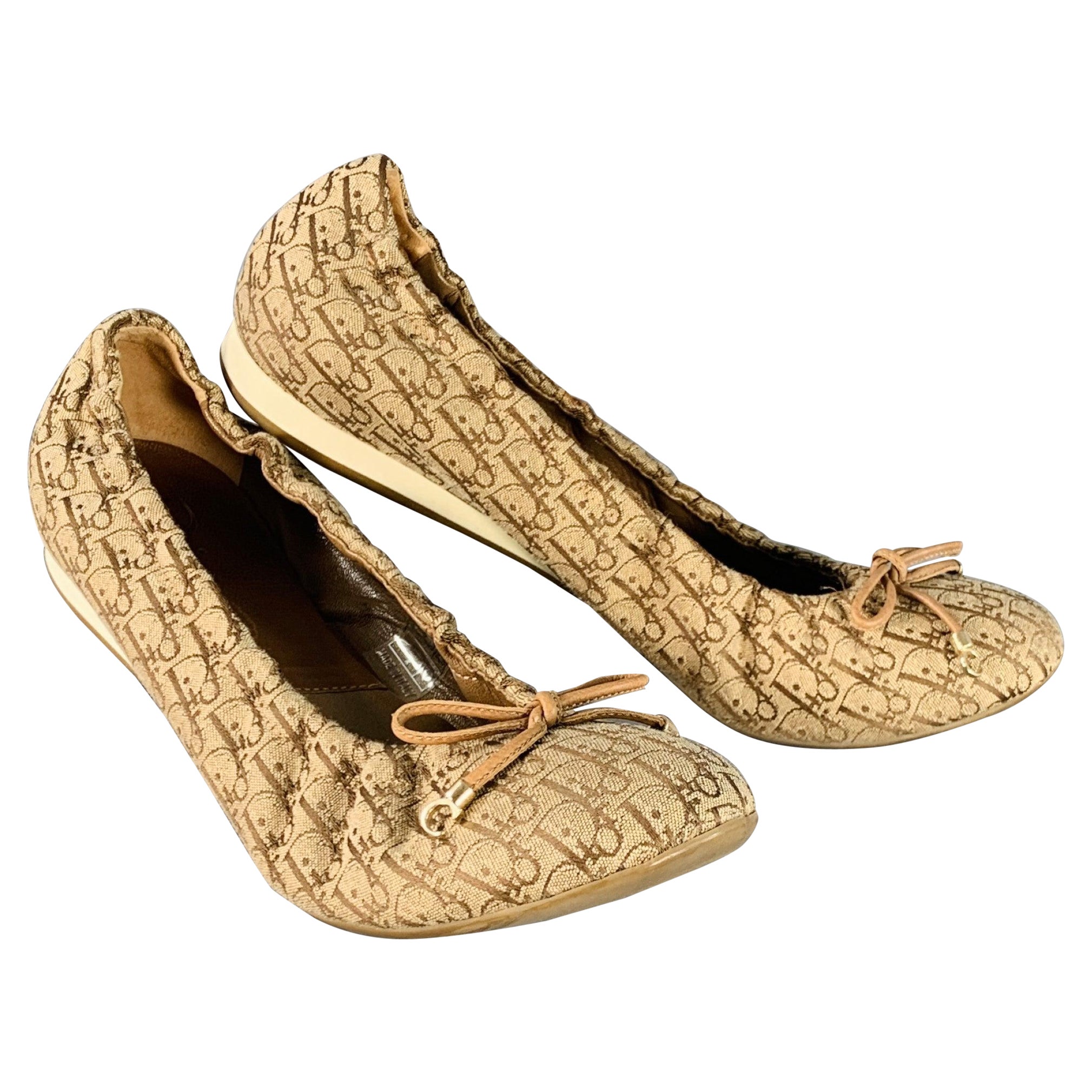 CHRISTIAN DIOR Size 9.5 Tan Brown Canvas Oblique Monogram Slip On Bow Flats For Sale