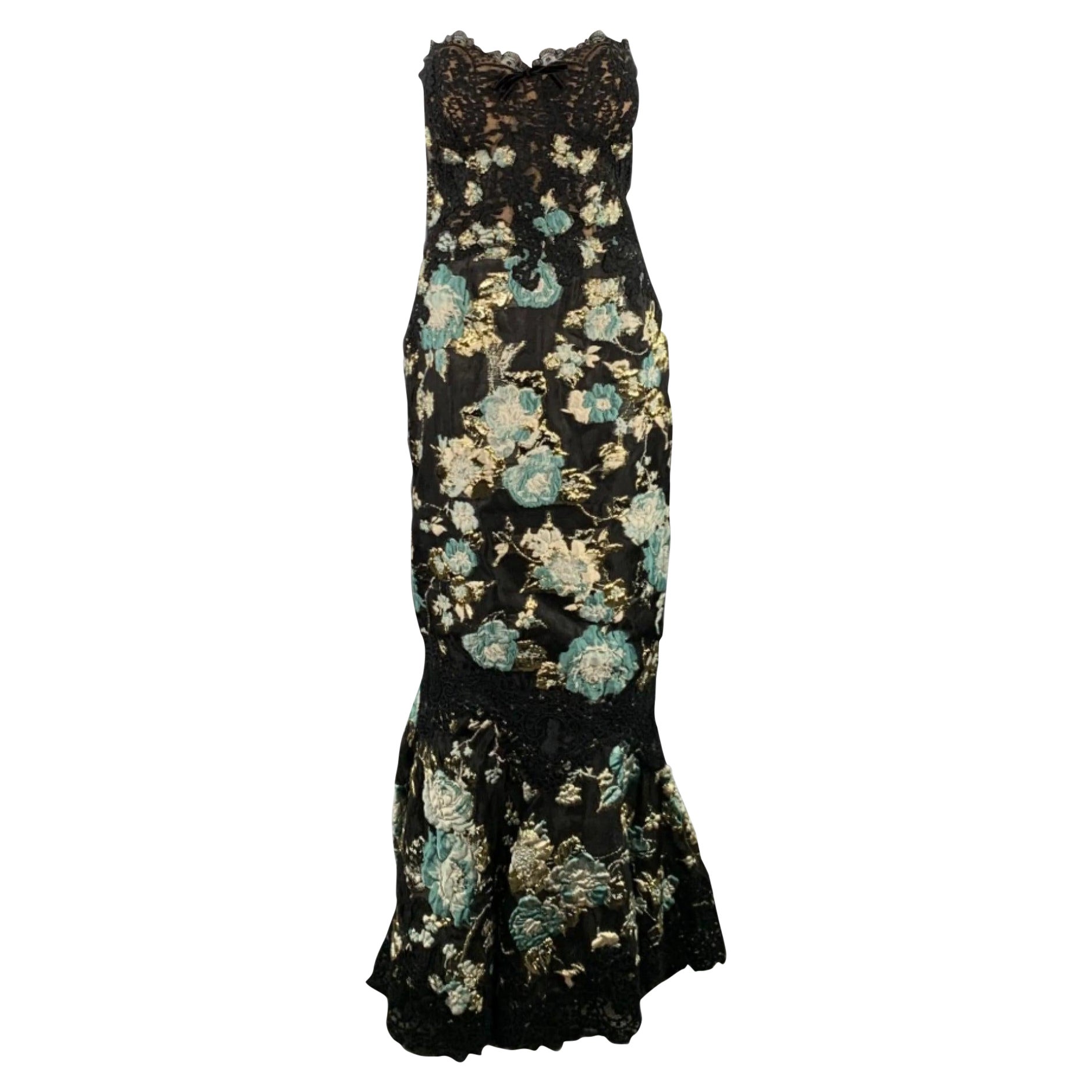 MARCHESA Größe 4 Schwarz Sage Gold Abstrakt Floral Jacquard Trägerlos Langes Abendkleid im Angebot