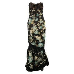 Marchesa Taille 4 Noir Sage Or Jacquard floral abstrait Robe de soirée longue sans bretelles