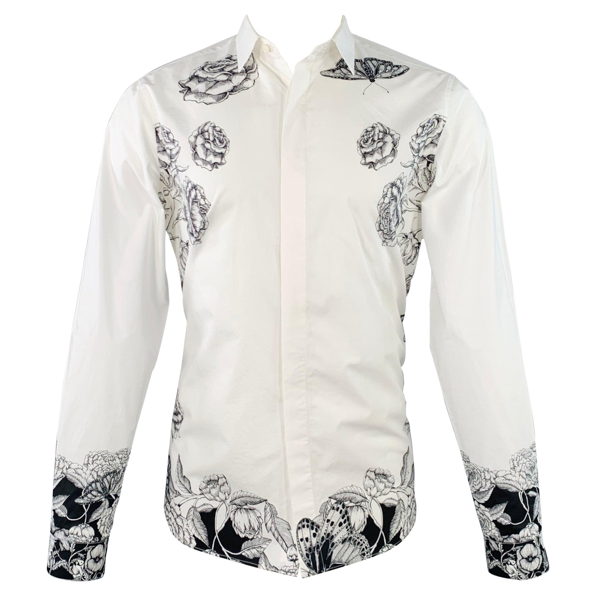 VALENTINO 2021 Taille M Blanc Noir Floral Coton Bouton Up Chemise Manches Longues en vente