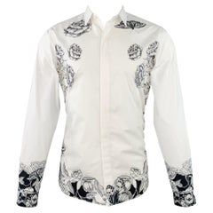 VALENTINO 2021 Taille M Blanc Noir Floral Coton Bouton Up Chemise Manches Longues