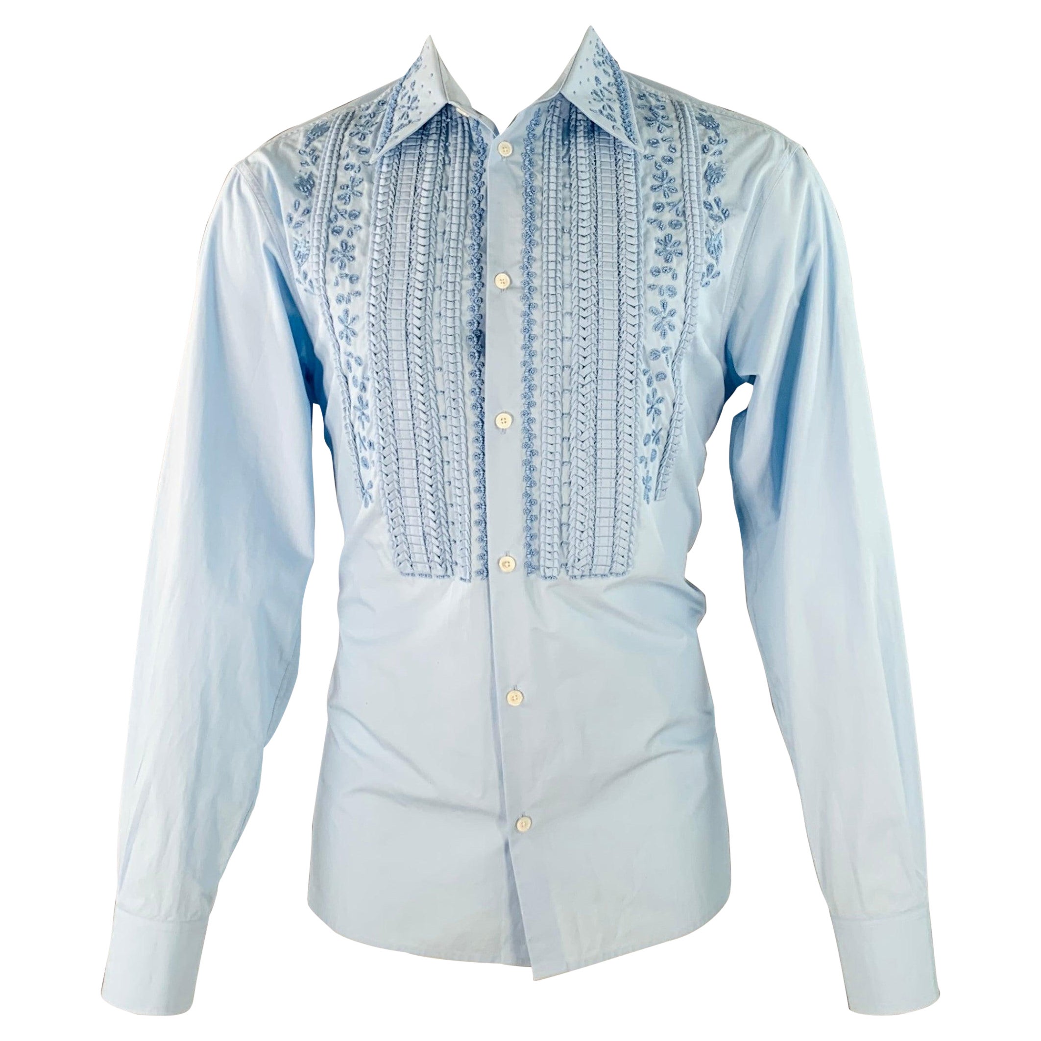 VALENTINO Size S Blue Beaded Embroidery Cotton Tuxedo Long Sleeve Shirt For Sale
