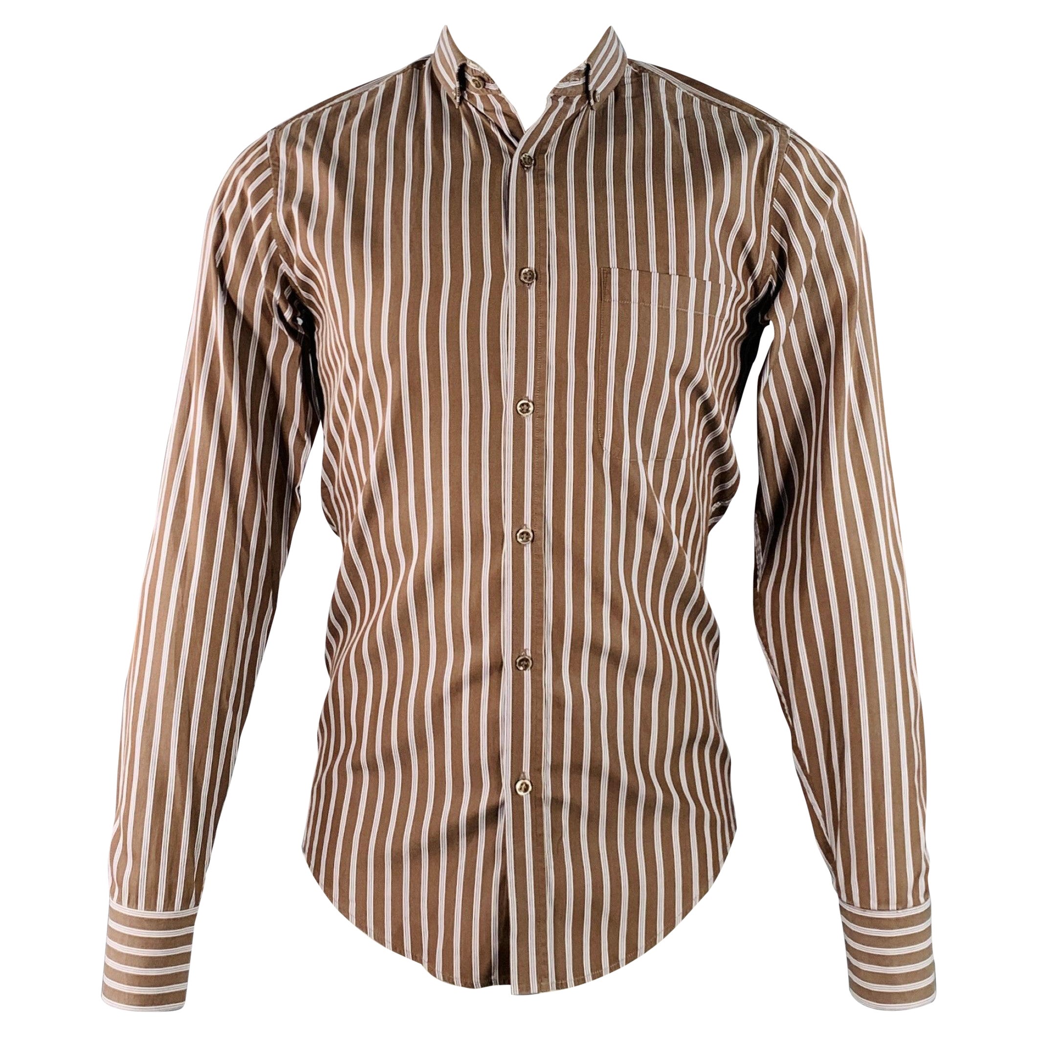 YVES SAINT LAURENT Talla S Camisa de manga larga de algodón con cuello abotonado y rayas marrón, azul marino y blanca en venta