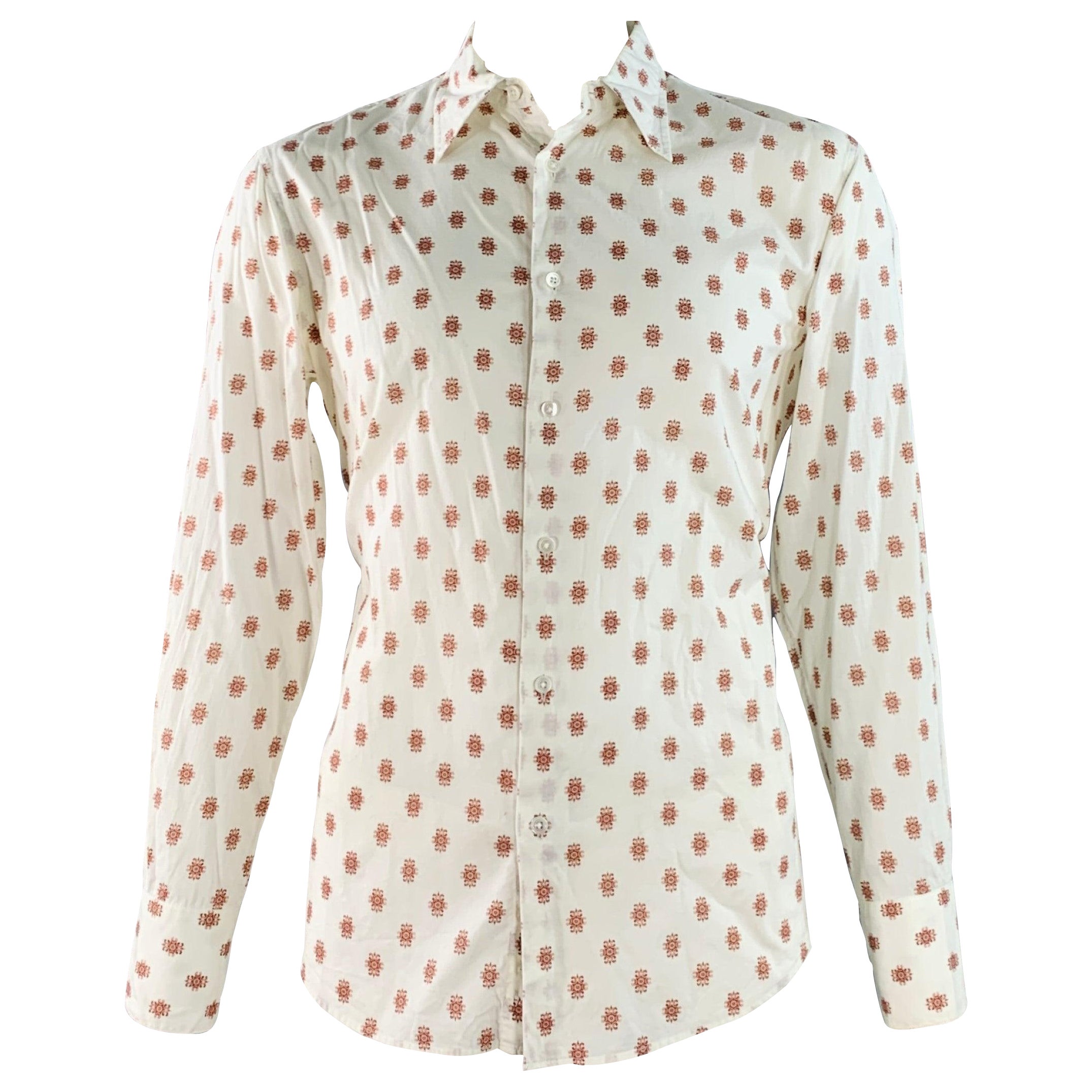 I.L.A. John Varvatos Size L White Rust Abstract Floral Cotton Long Sleeve Shirt (Chemise à manches longues en coton) en vente