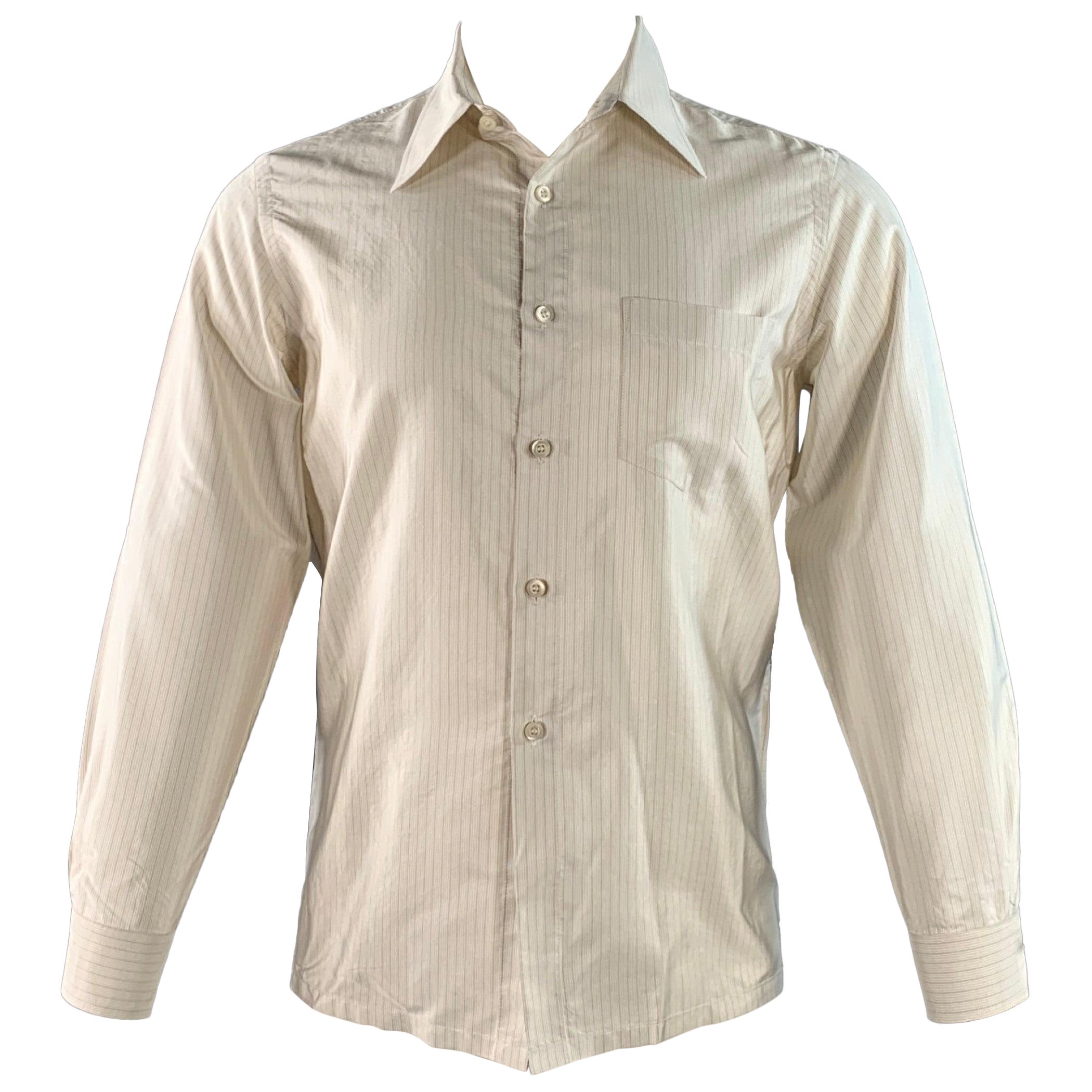 PRADA Size S White Beige Stripe Silk Curved Cutaway One Pocket Long Sleeve Shirt (Chemise à manches longues à rayures blanches et beige) en vente