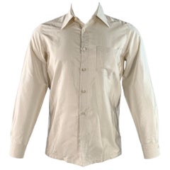 PRADA Size S White Beige Stripe Silk Curved Cutaway One Pocket Long Sleeve Shirt (Chemise à manches longues à rayures blanches et beige)