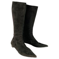 PRADA Size 7.5 Black Silver Suede Back Zip Pointed Toe Calf High Boots