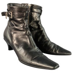 PRADA Size 7 Black Leather Kitten Heel Side Zipper Belted Ankle Boots
