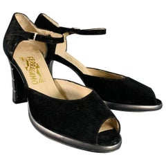 SALVATORE FERRAGAMO Size 9 Black Suede Peep Toe Stacked Heel Ankle Strap Sandals