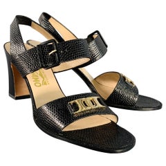 SALVATORE FERRAGAMO Size 9 Black Gold Snake Embossed Chunky Heel Slingback Sandals