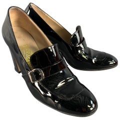 SALVATORE FERRAGAMO Size 9 Black Patent Leather Chunky heel Pumps