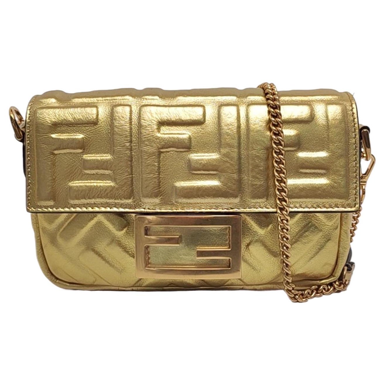 Fendi Baguette Mini Gold Nappa Leather Crossbody Bag For Sale