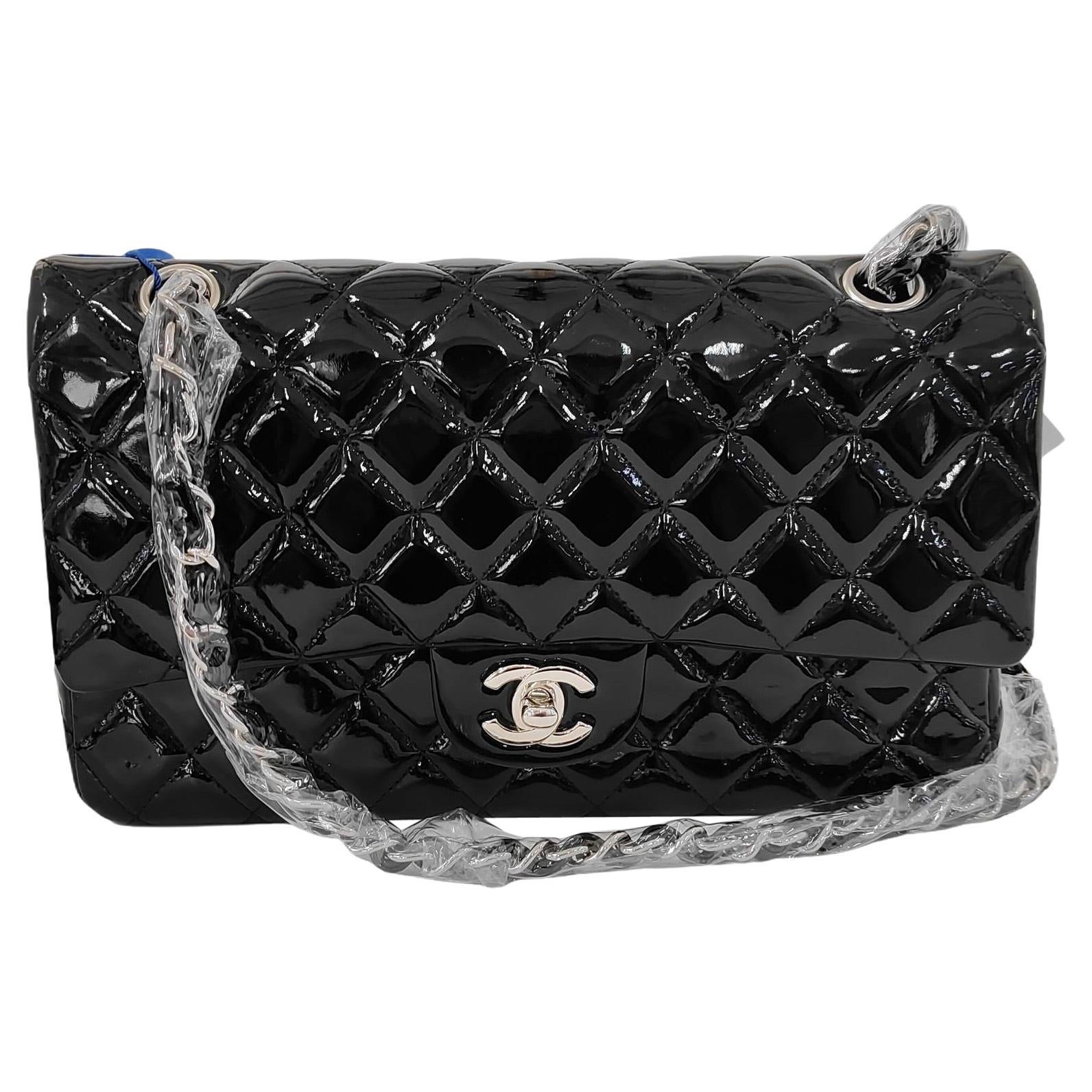 Chanel Classic Flap Medium Black Patent Leather Silver HW For Sale