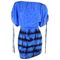ROBERTO CAVALLI 4 Blue & Black Cheetah & Tie Dye Silk DRawstring Sleeve Dress