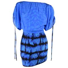 ROBERTO CAVALLI 4 Blue & Black Cheetah & Tie Dye Silk DRawstring Sleeve Dress 2