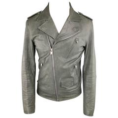 MARC JACOBS 38 Slate Distressed Leather Biker Jacket