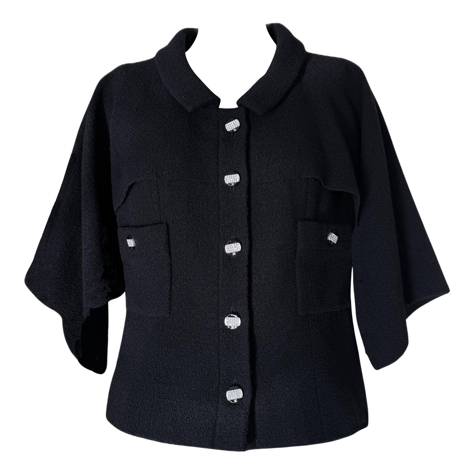 Chanel New CC Gripoix Buttons Black Tweed Cape Jacket 40 FR For Sale