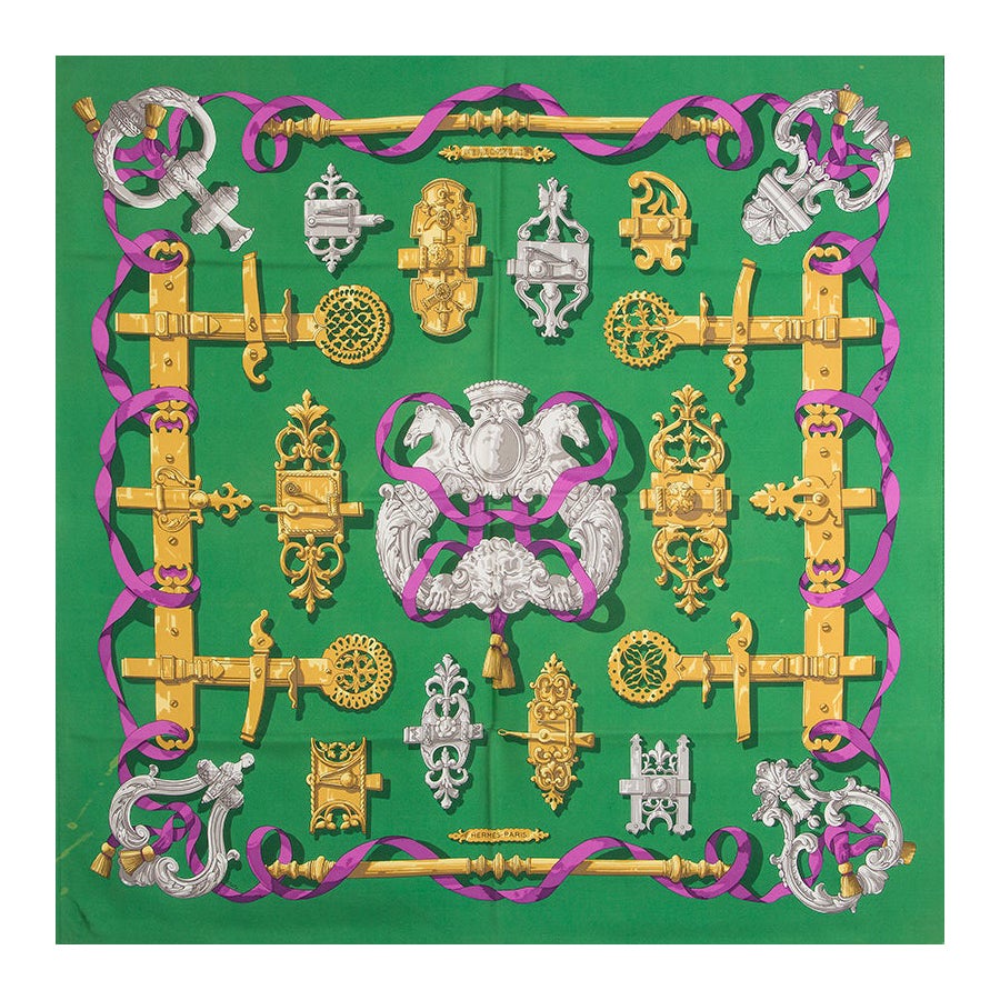 HERMES green silk FERRONNERIE 90 Twill Scarf For Sale