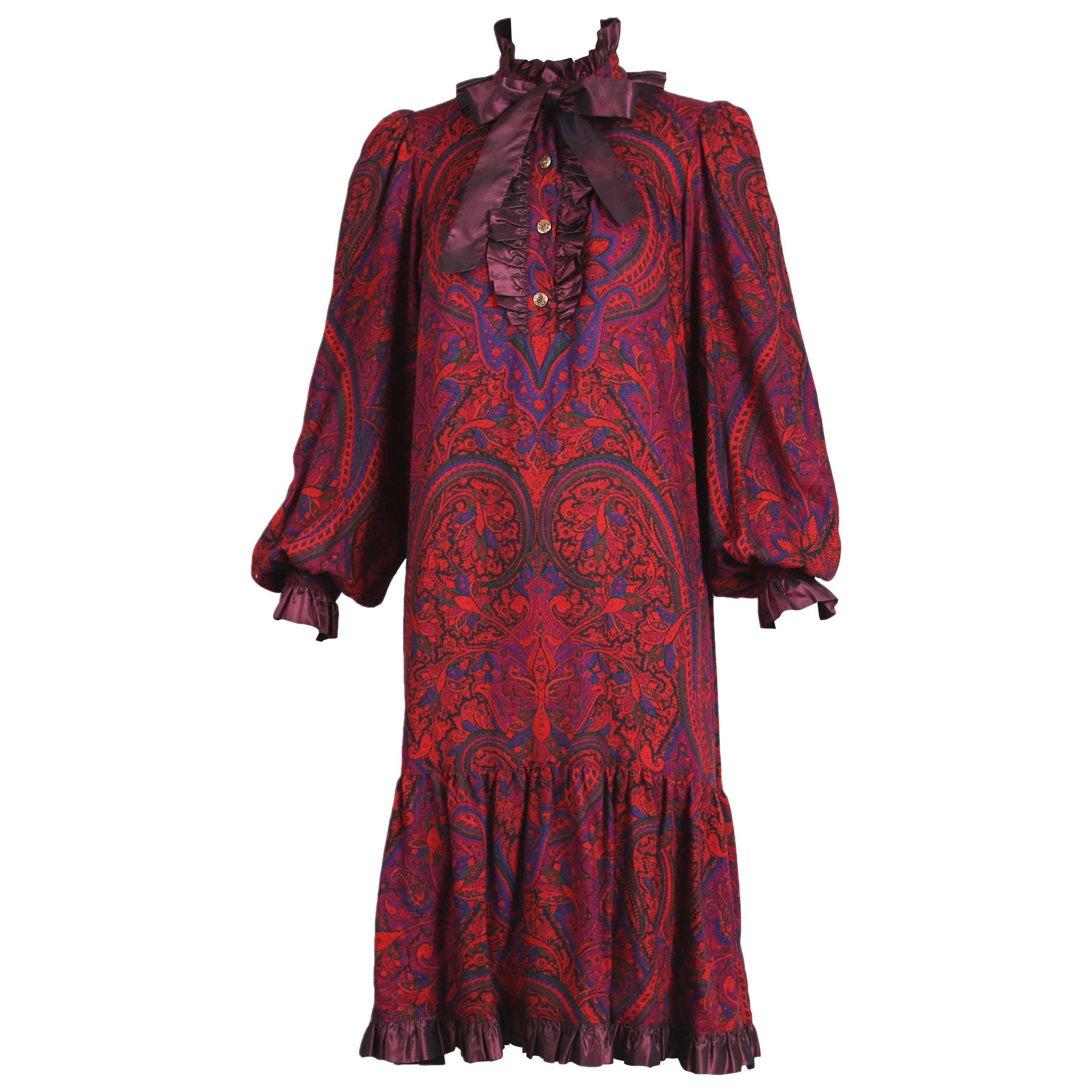 1970's Yves Saint Laurent YSL Paisley Smock Dress w/Taffeta Trim & Neck Ties