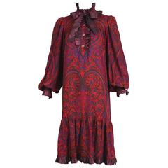 1970's Yves Saint Laurent YSL Paisley Smock Dress w/Taffeta Trim & Neck Ties 6