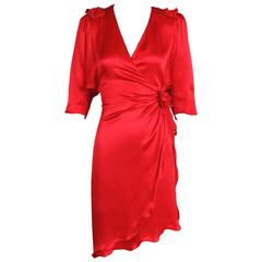 1970's Holly's Harp Red Silk Charmeuse Wrap Dress w/Rosettes & Asymmetric Hem 10