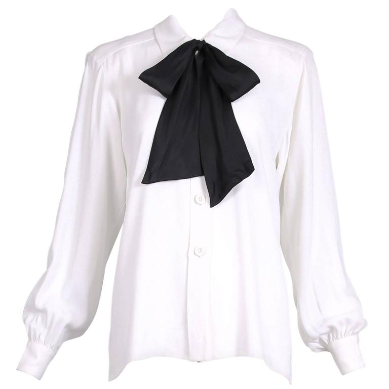 Vintage Yves Saint Laurent White Blouse w/Black Bow at Neck at 1stDibs | white  blouse with black bow, white shirt with black bow, white blouse with bow
