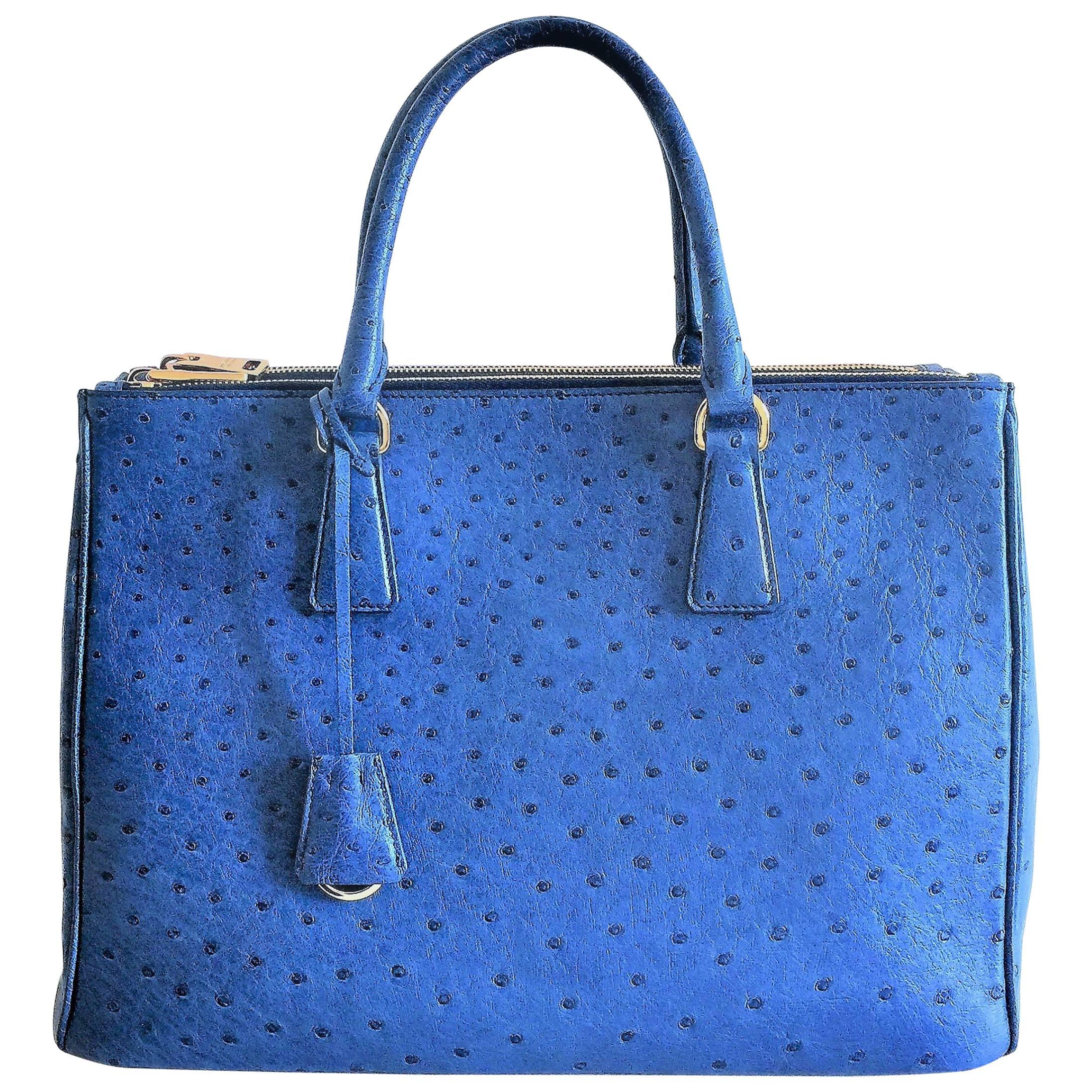 Prada Cobalt Blue Ostrich Leather 'Galleria' Crossbody Tote Bag For Sale