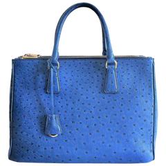 Prada Cobalt Blue Ostrich Leather 'Galleria' Crossbody Tote Bag