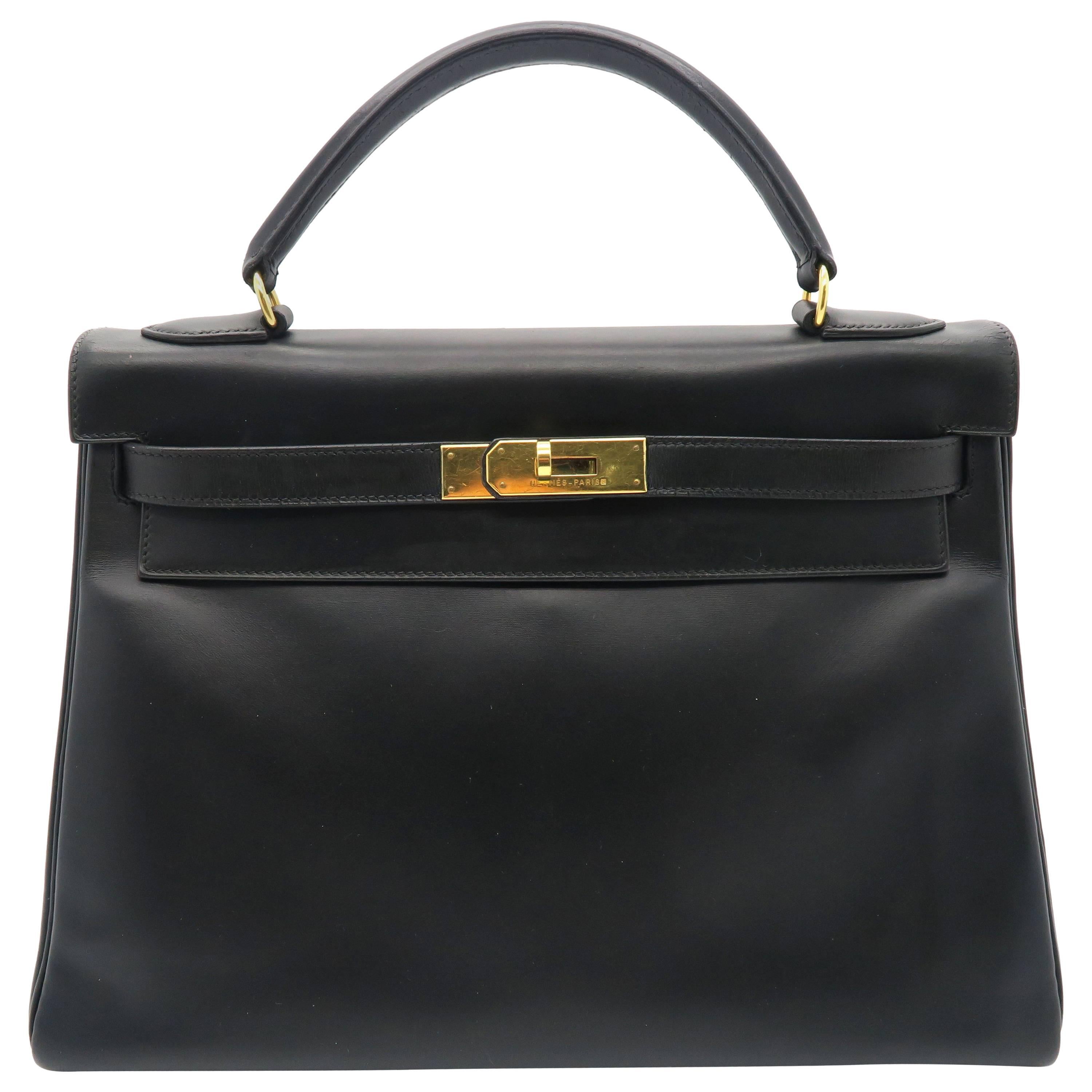Hermes Kelly 32 Noir Box Calf Leather GHW Top Handle Bag
