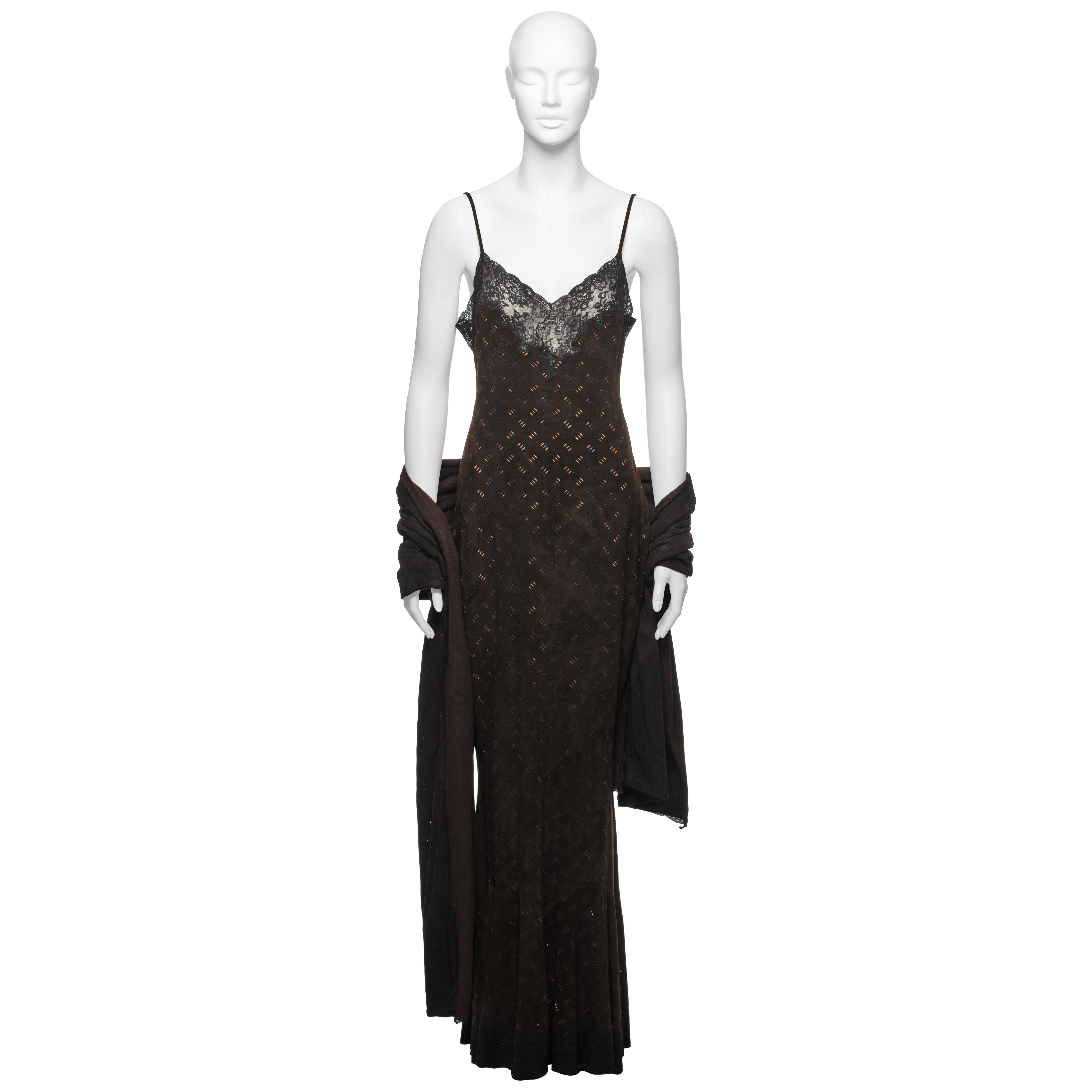 Christian Dior by John Galliano Brown Laser-Cut Suede and Lace Dress, FW 1999 For Sale