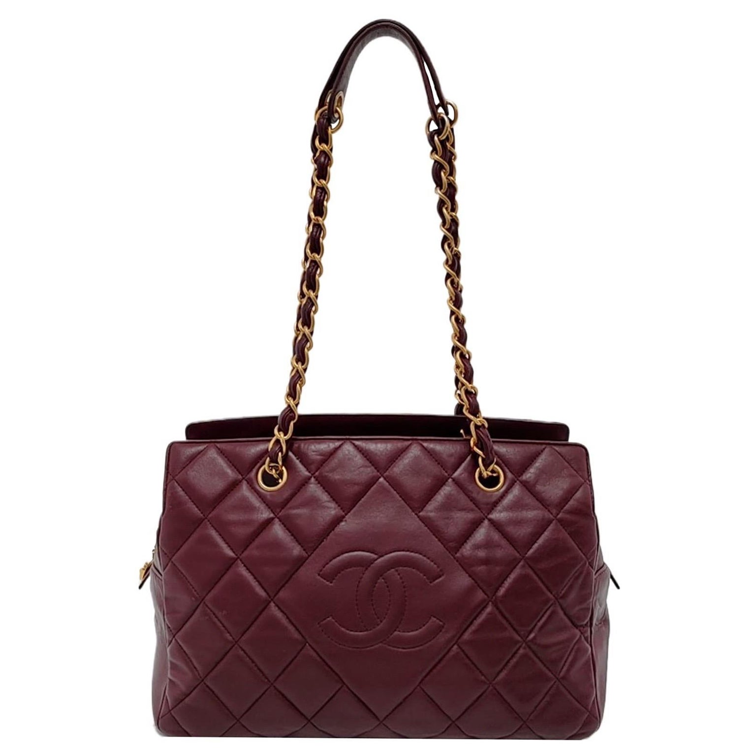 Chanel Petite Shopping Tote PTT Burgundy Lambskin Leather Gold-Tone Chain Shoppi For Sale