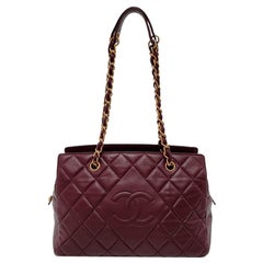 Chanel Petite Shopping Tote PTT Burgundy Lambskin Leather Gold-Tone Chain Shoppi