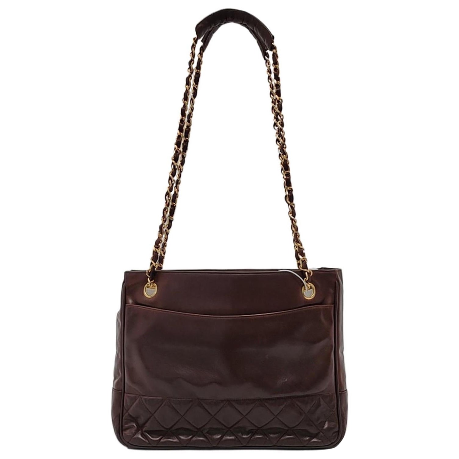 Chanel Vintage CC Logo Tote Bag Brown Calfskin Leather Double Gold Chain 1986-88 For Sale