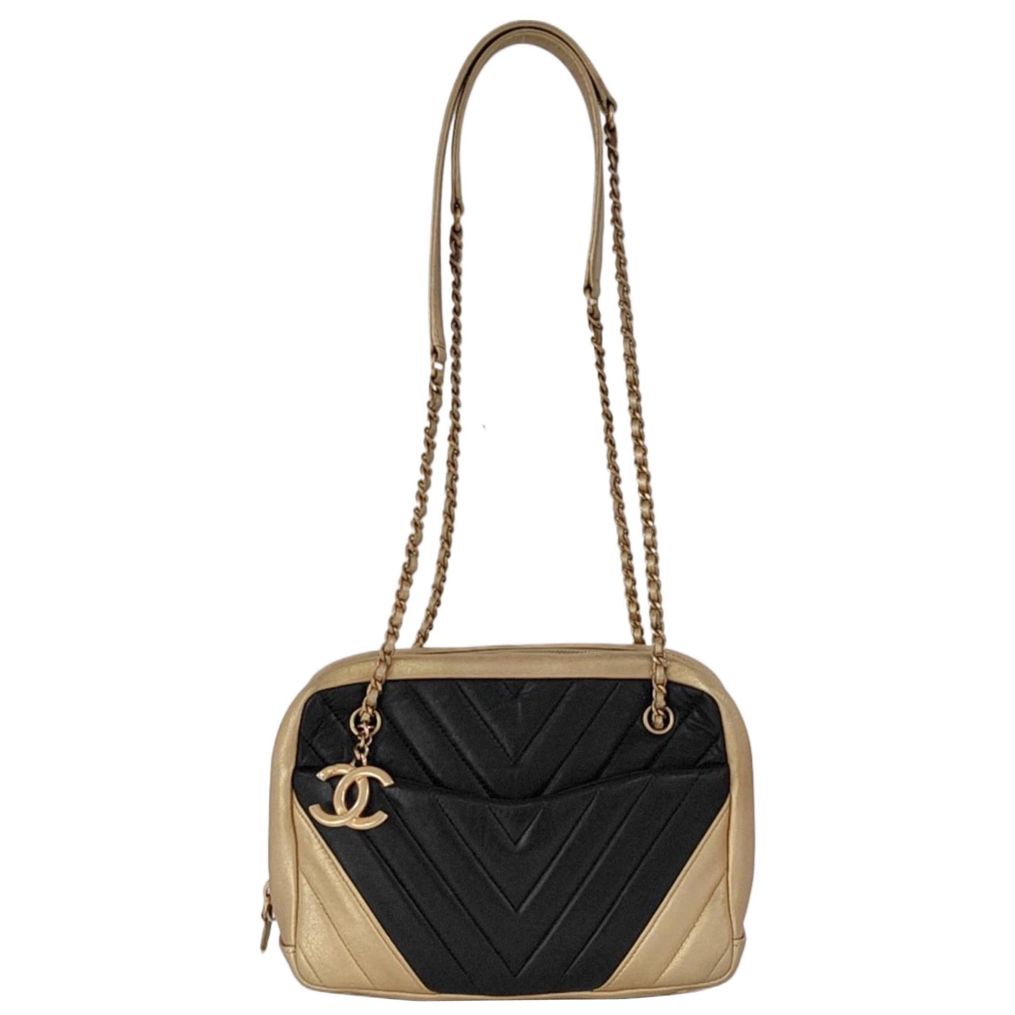 Chanel Camera Bag Chevron Stitching Black Gold Lambskin Leather Double Chain For Sale