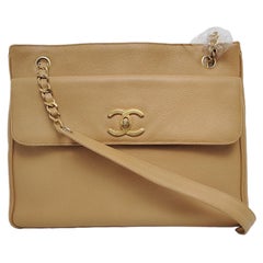 Chanel Vintage Front Pocket Tote Beige Caviar Leather Double Gold Chain