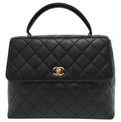 Chanel Vintage Top Handle Kelly Black Caviar Leather 24k Gold Plated Hardware