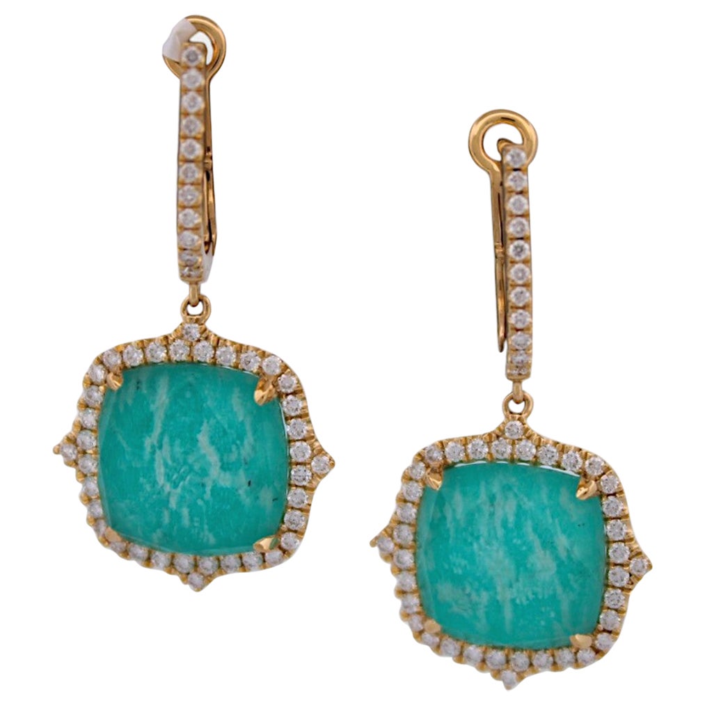 Iolanthe  18k Yellow Gold U-Hinge Earrings – 9.61 ct Amazonite For Sale