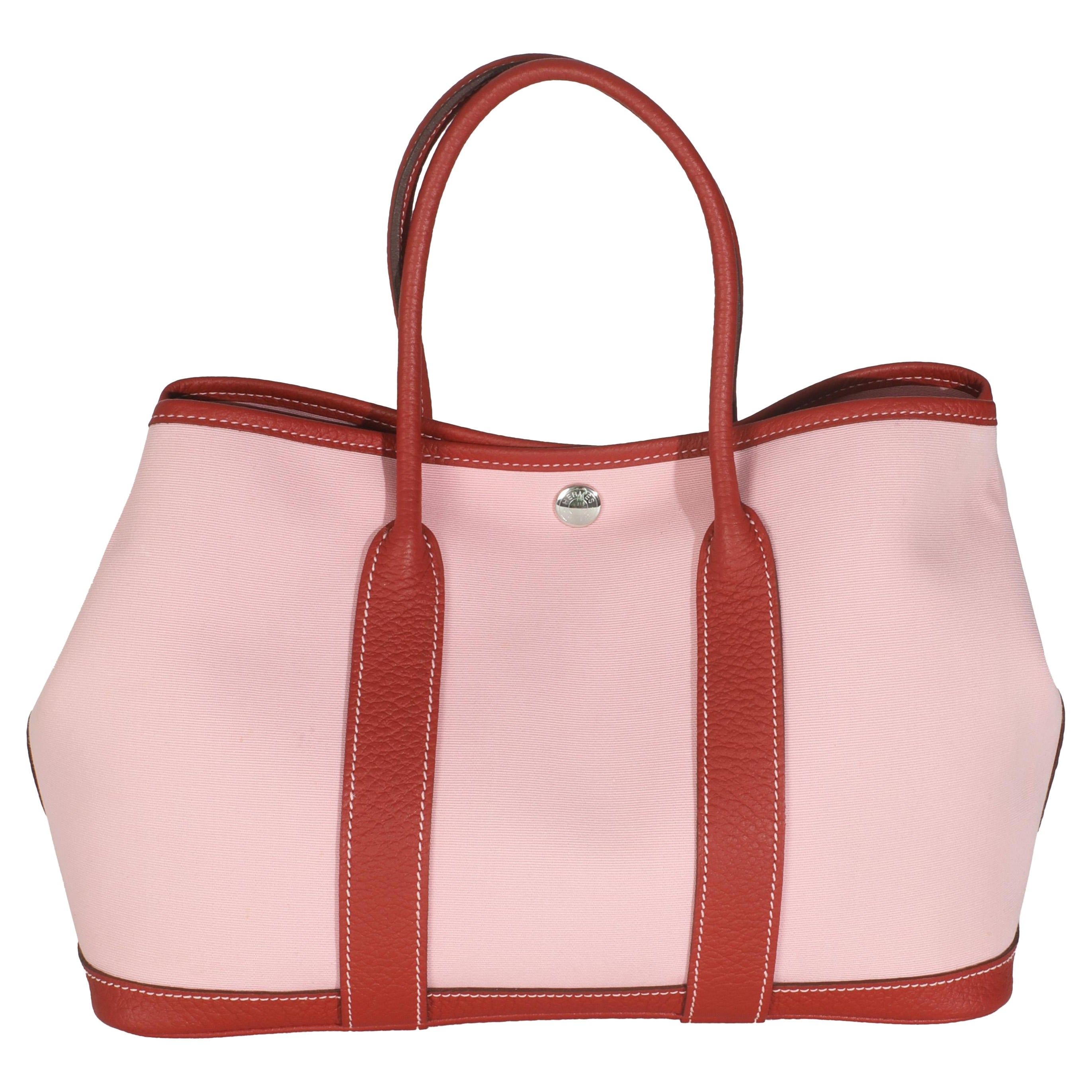 Hermès Rose Sakura Rouge Duchesse Toile Militaire Vache Country Garden Party 30 For Sale