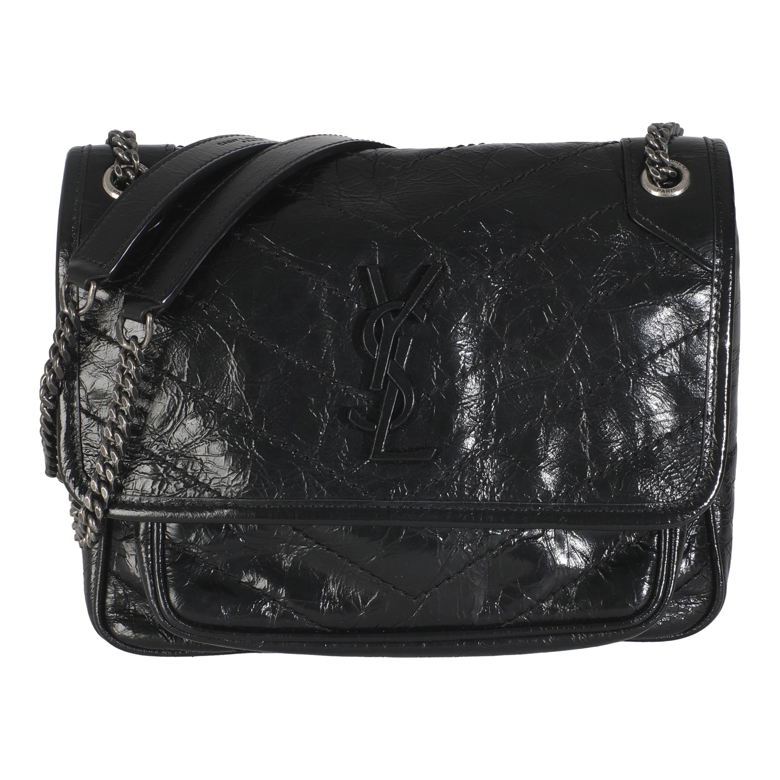 Saint Laurent Black Crinkled Calfskin Matelasse Baby Niki Chain Satchel For Sale
