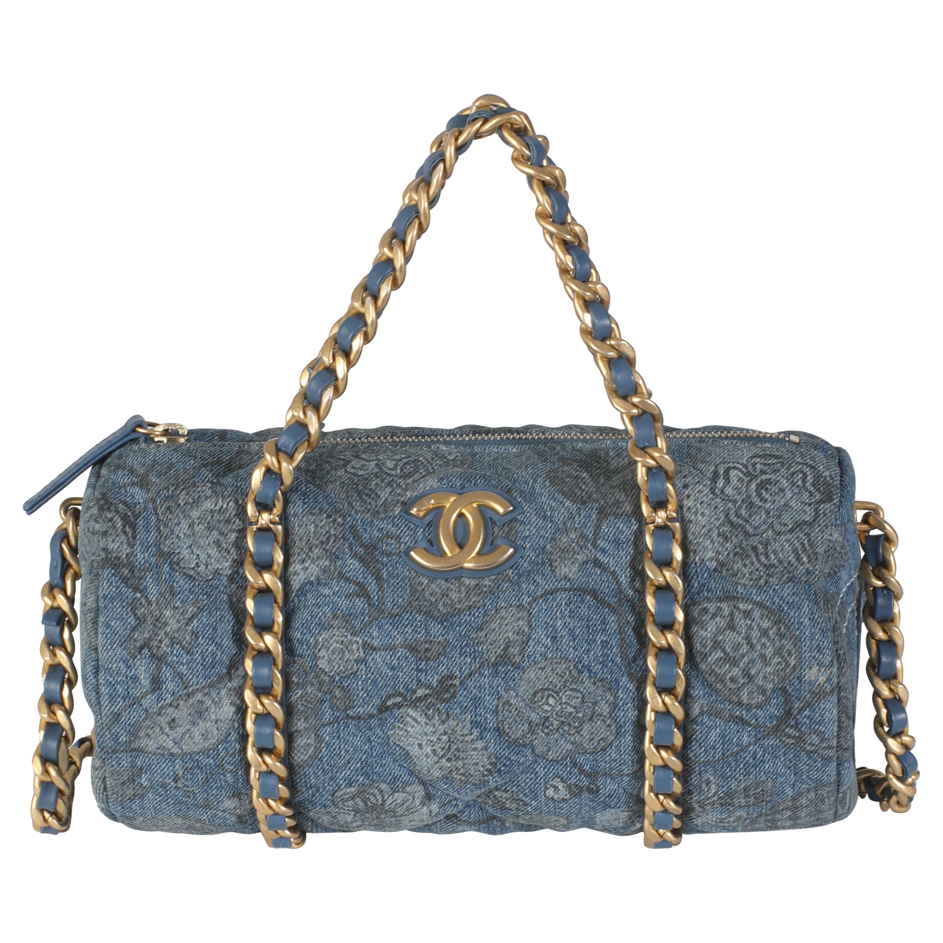 Chanel 21A Blue Floral Quilted Denim Destination Chenonceau Bowling Bag For Sale