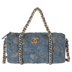 Chanel 21A Blue Floral Quilted Denim Destination Chenonceau Bowling Bag