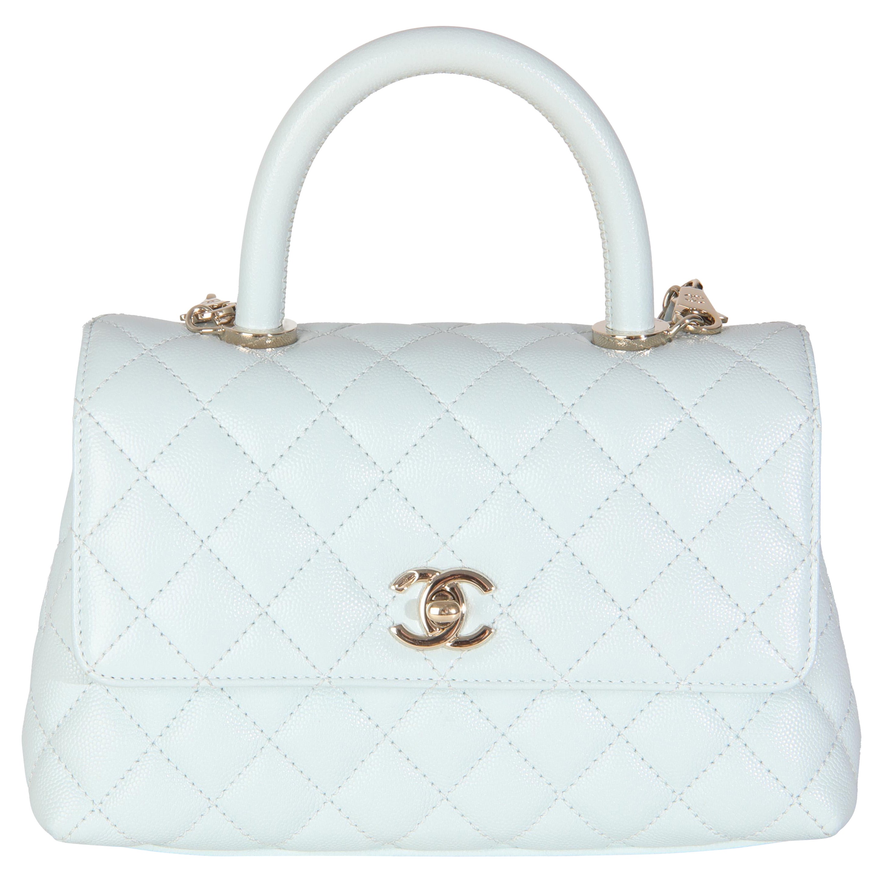 Chanel 21K Blue Quilted Caviar Mini Coco Handle Flap HandBag For Sale