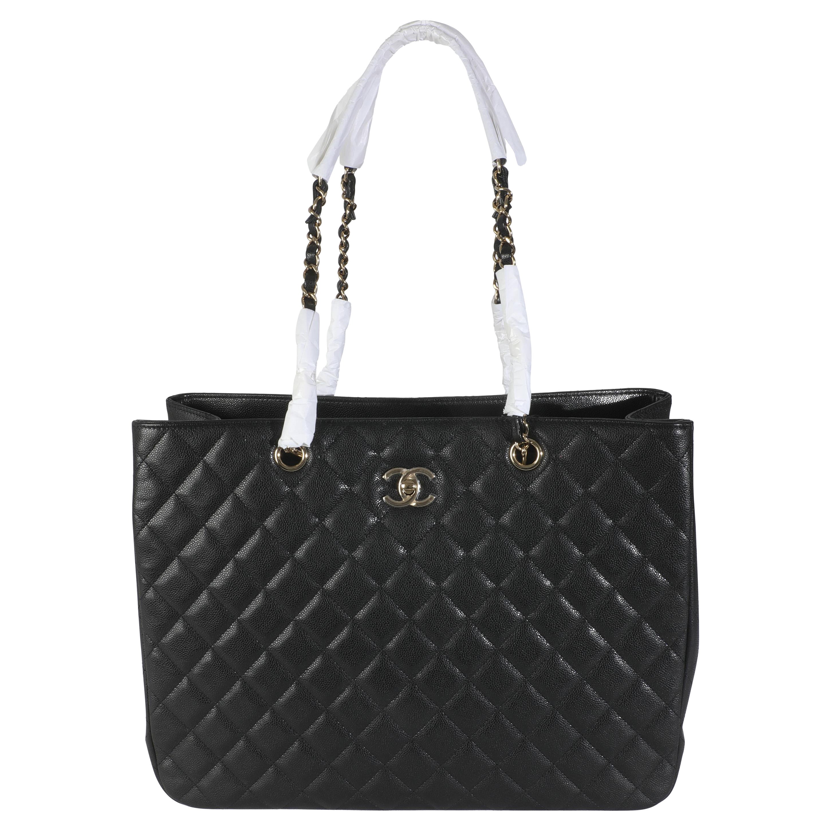 Chanel 24A Black Quilted Caviar Large Classic Shopping Tote Bag For Sale