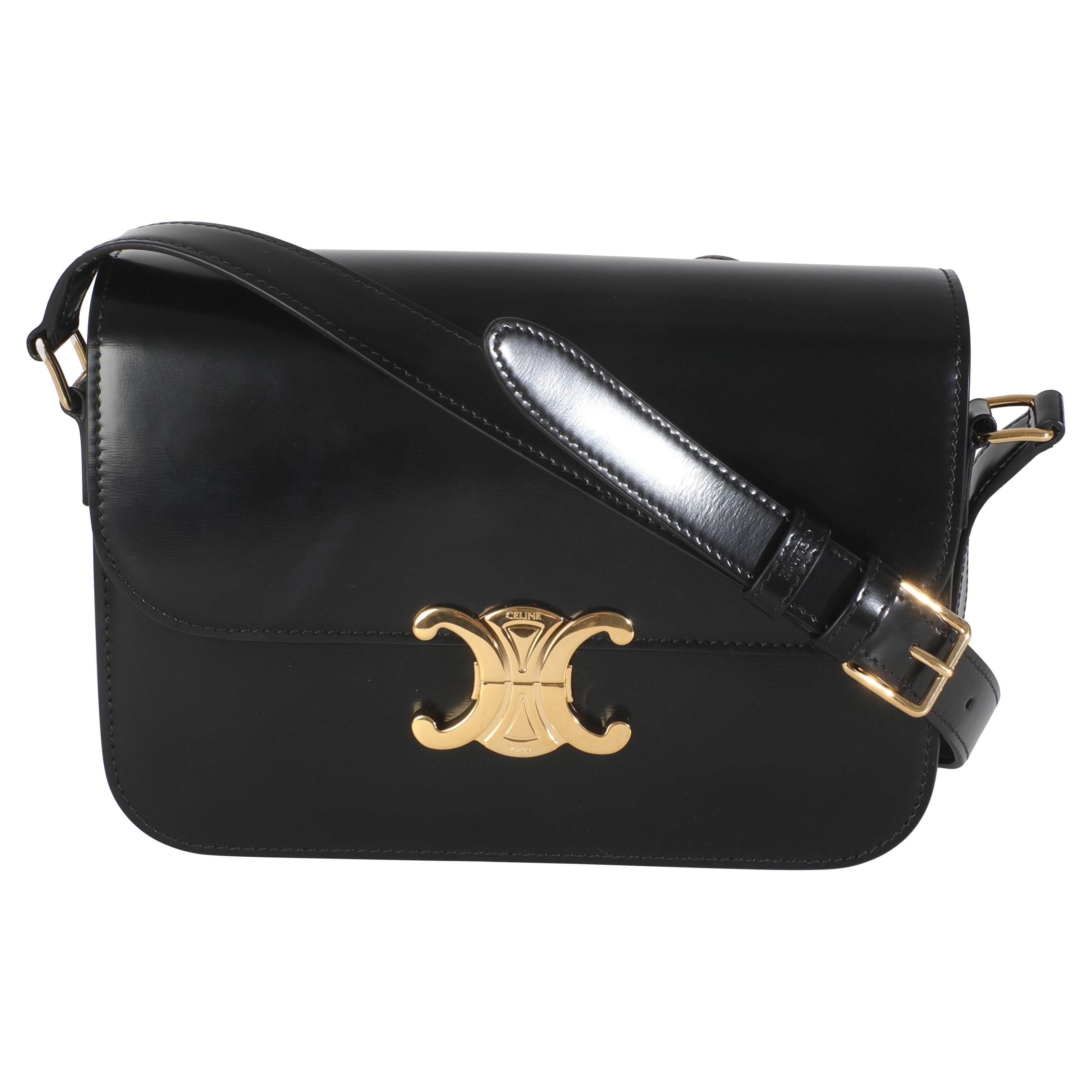 Celine Black Shiny Calfskin Medium Triomphe Bag For Sale